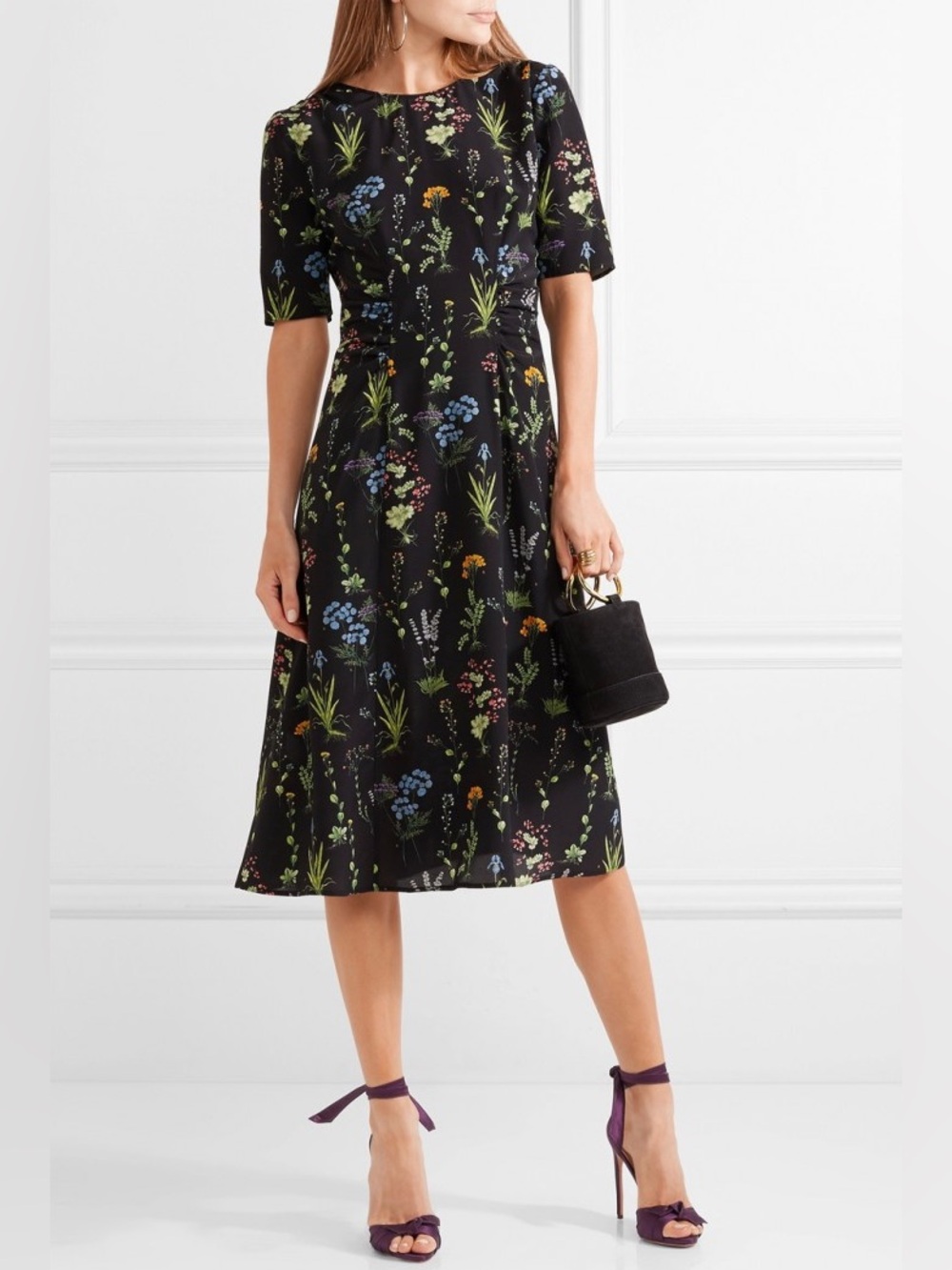 Altuzarra Black Botanical Print Ruched Dress